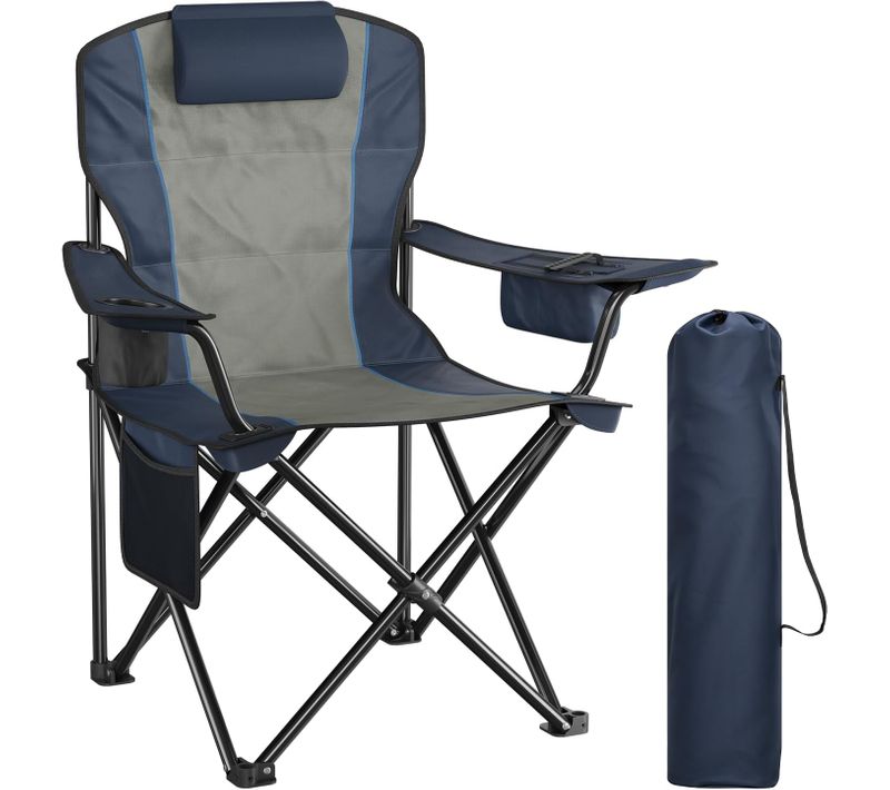 Chaise De Camping Pliante, Chaise Avec Poche Thermique, Porte-Gobelet,93x63x100cm, Noir+ Bleu Foncé