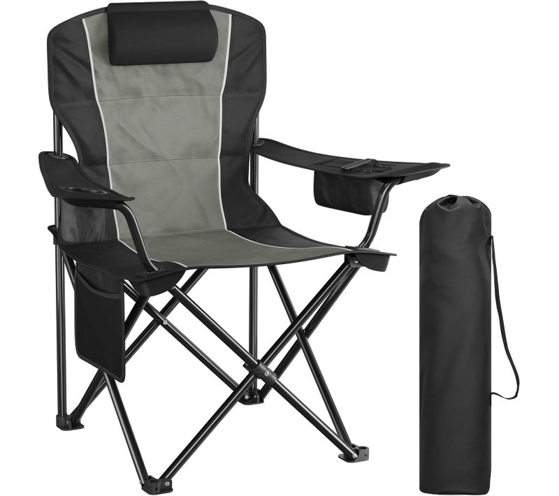 Chaise De Camping Pliante, Chaise Avec Poche Thermique, Porte-Gobelet,93x63x100cm,Noir + Gris Foncé