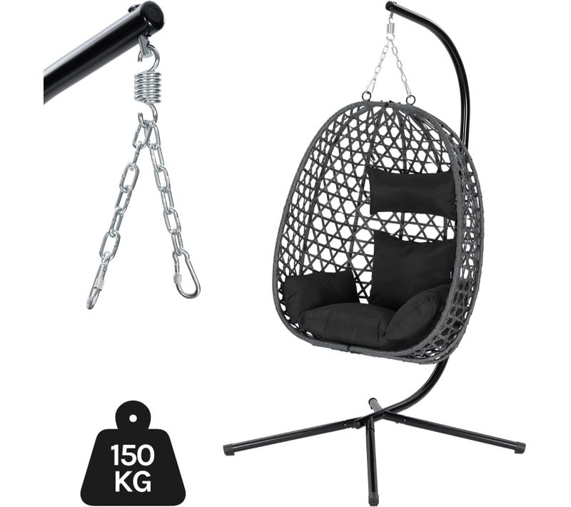 Fauteuil Oeuf Suspendu Avec Support En Métal,coussin De Siège,appui-tête,rotin Pe,102x100x196cm,noir