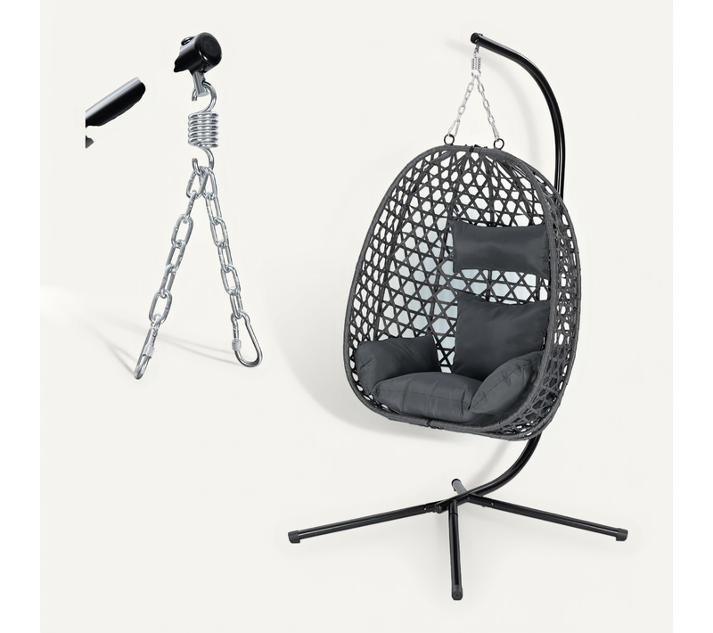 Fauteuil Oeuf Suspendu Avec Support En Métal,Coussin De Siège,Appui-Tête,Rotin PE,102x100x196cm,Gris