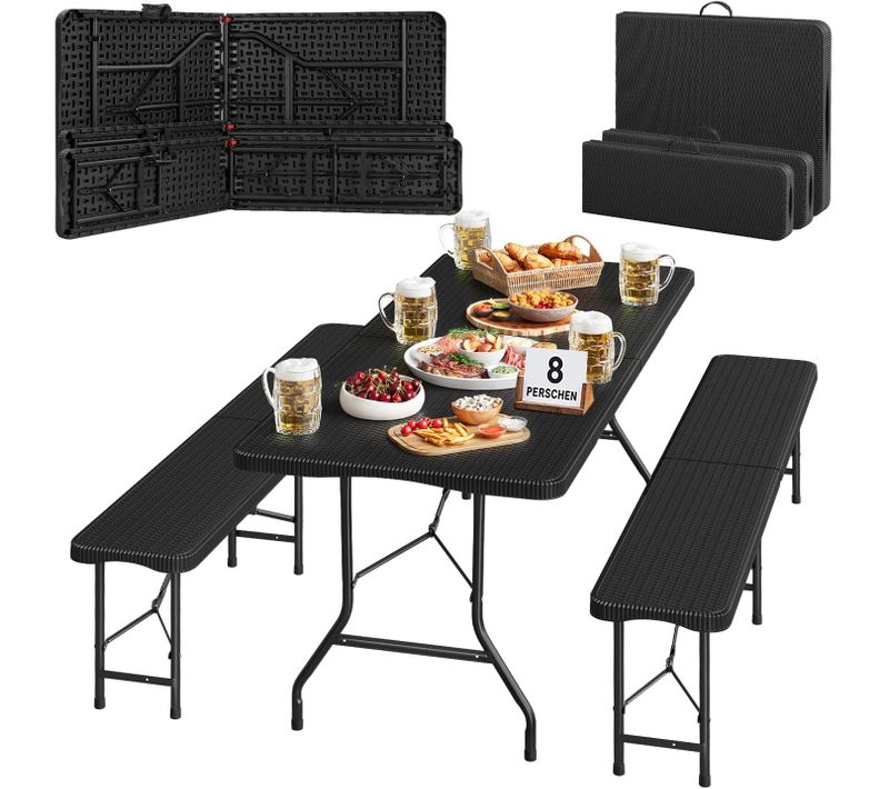 Ensemble De Meubles De Jardin 3 Pièces, Table à Bière Extérieur Et 2 Bancs Pliables, En Rotin, Noir