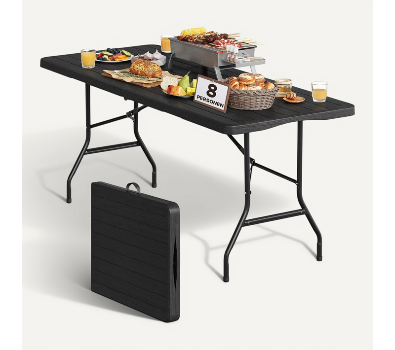 Table Pliante Rectangulaire, 180x74x74cm Pour 8 Personnes, Table Portable En Pehd, Aspect Bois Noir