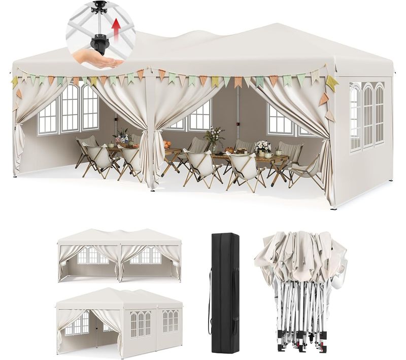 Tonnelle De Jardin Extérieur, Barnum Pliant 3x6m, Système Pop-up, Avec 6 Parois Amovibles, Beige