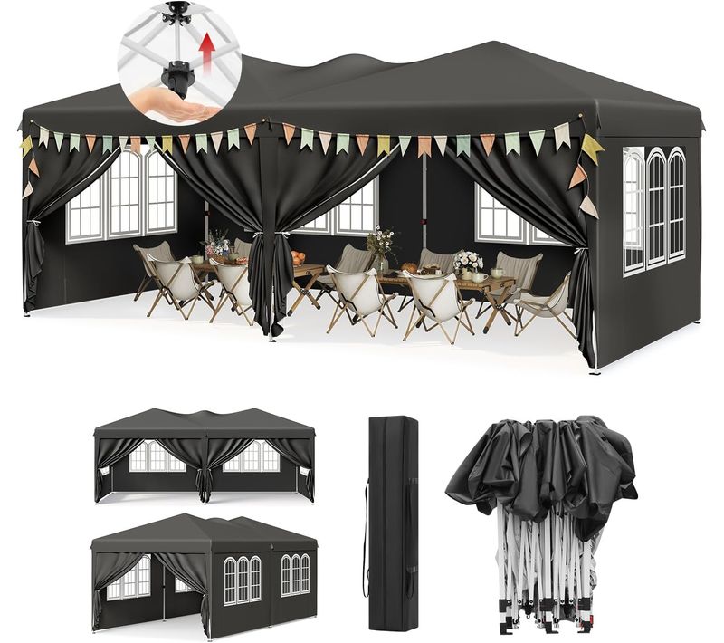 Tonnelle De Jardin Extérieur, Barnum Pliant 3x6m, Système Pop-up, Avec 6 Parois Amovibles, Gris