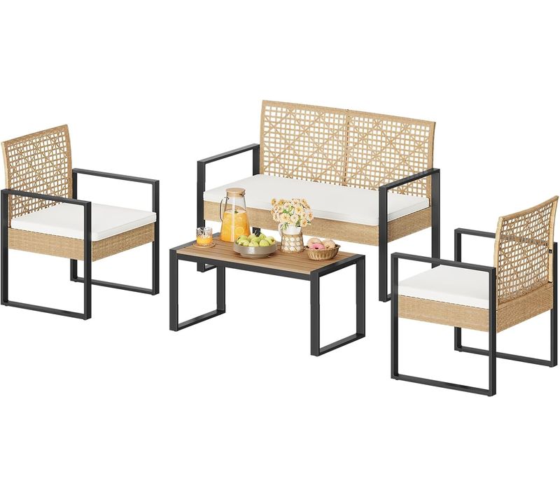 Salon De Jardin Extérieur En Rotin PE Et En Lattes PS, Avec 1 Canapé, 2 Fauteuils, 1 Table Basse