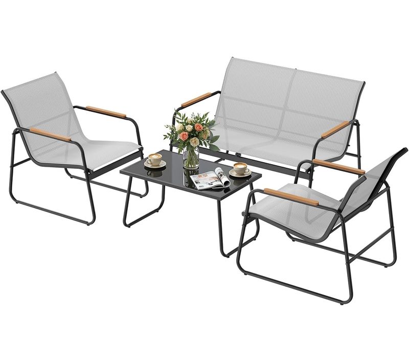 Salon De Jardin Extérieur Pour 4 Personnes, 1 Table, 2 Chaises Et 1 Banc, En Tissu Polyester, Gris
