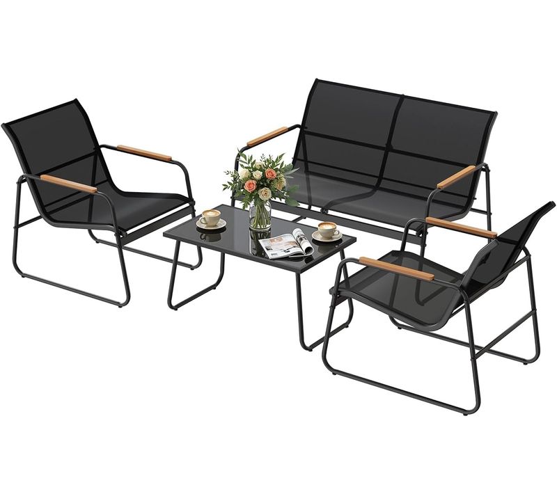 Salon De Jardin Extérieur Pour 4 Personnes, 1 Table, 2 Chaises Et 1 Banc, En Tissu Polyester, Noir