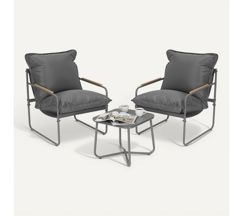 Ensemble Salon De Jardin 3 Pièces,1 Table Basse,2 Chaises,des Coussins Moelleux Et Amovibles,gris