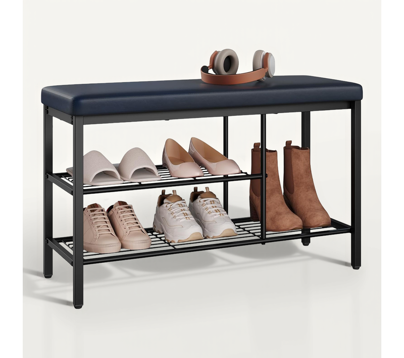 Banc Chaussures Entrée, Banc De Rangement, Siège Rembourré, En Simili Et Métal, 80x30x50cm,noir