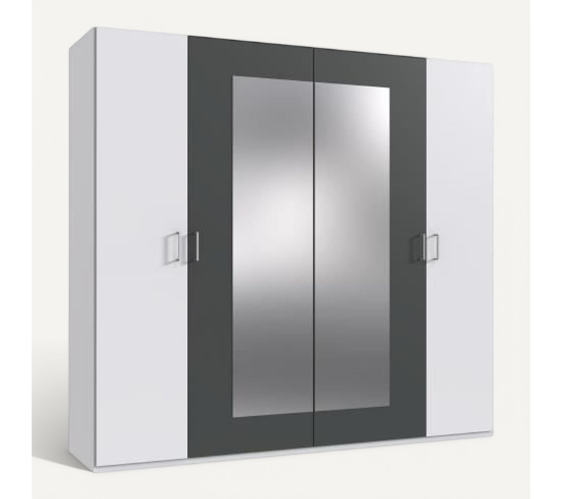 Armoire de Chambre - Rhodes - Blanc / Rechampis Graphite - 4 Portes - 2 Miroirs - 225 x 58 x 208 cm