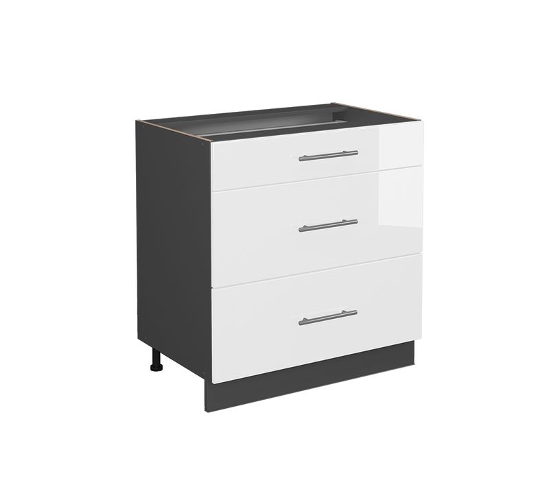 Meuble Cuisine Fame-line 38602 Blanc Haute Brillance 80cm Avec 3 Tiroirs, Sans Pt