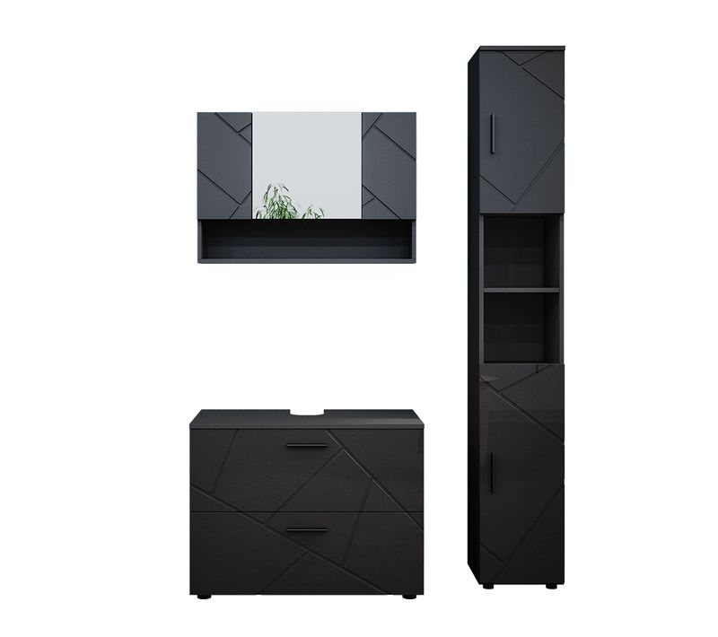 Meubles Bain Irma 39592 Anthracite Haute Brillance 3 Pièces, Armoire Basse 80 Cm