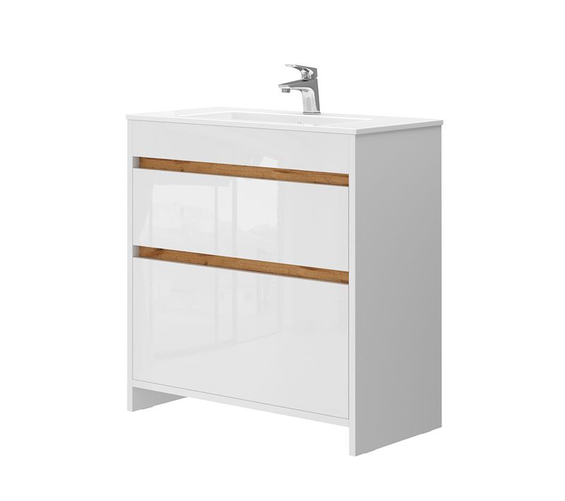 Meubles Bain Detmold 40060 Blanc Brillant/chêne Doré 2 Pièces, Armoire Basse 80 Cm