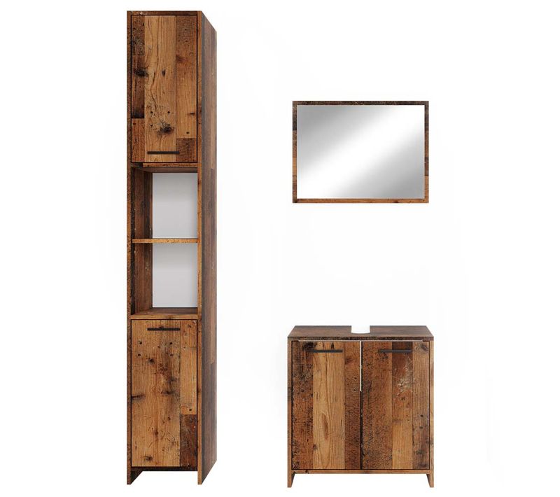 Meubles Bain Kiko 40109 Chêne Rustique 3 Pièces, Avec Armoire Haute
