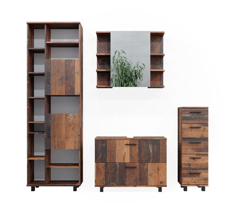 Meubles Bain Ilias 40500 Chêne Rustique 4 Pièces, Avec Armoire Haute