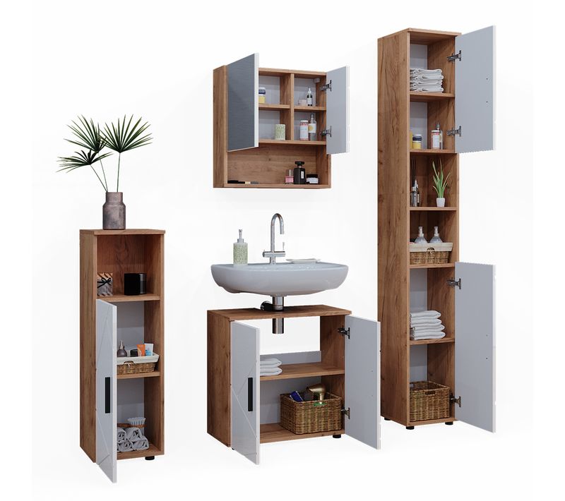 Meubles Bain Irma 40539 Blanc Brillant/chêne Doré 4 Pièces, Avec Armoire Haute