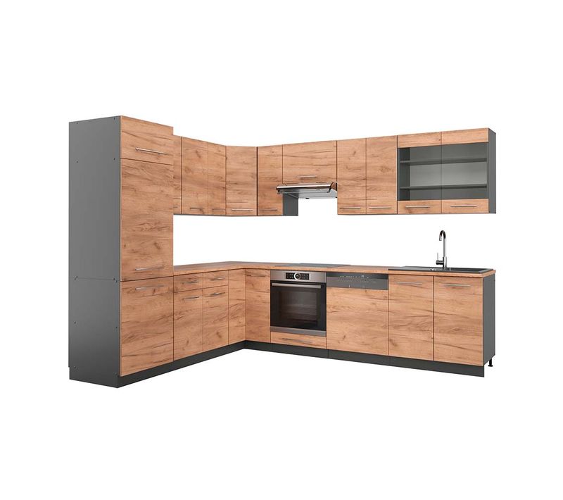 Cuisine En Angle Fame-line 42511 Chêne Doré/anthracite 287x60cm , Pt Chêne