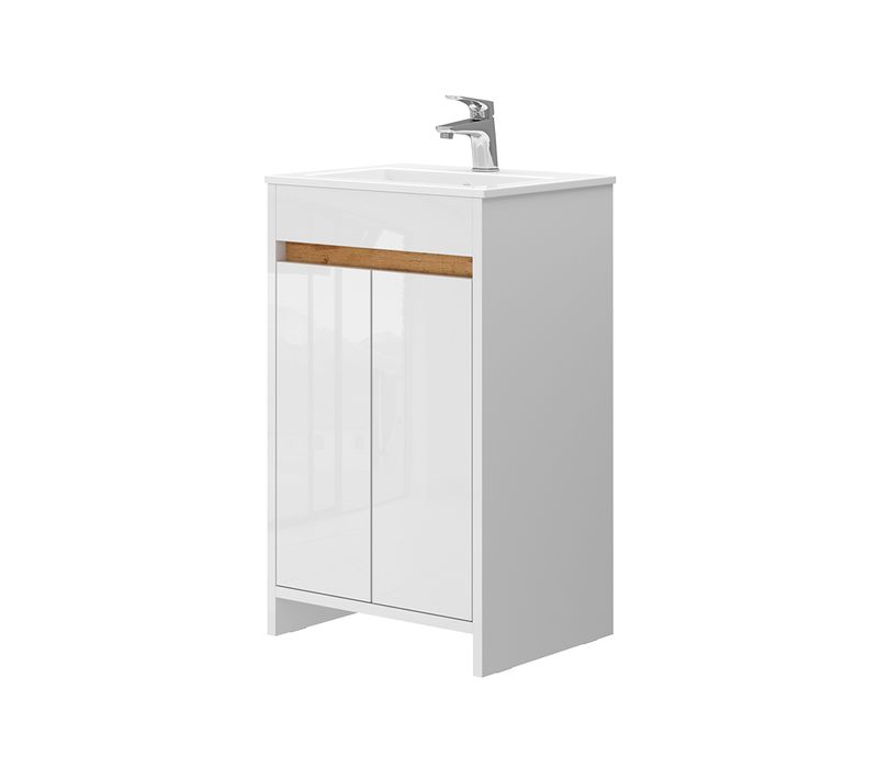 Meubles Bain Lemgo 43367 Blanc Haute Brillance 2 Parties, Avec Lavabo Et 2 Portes Battantes