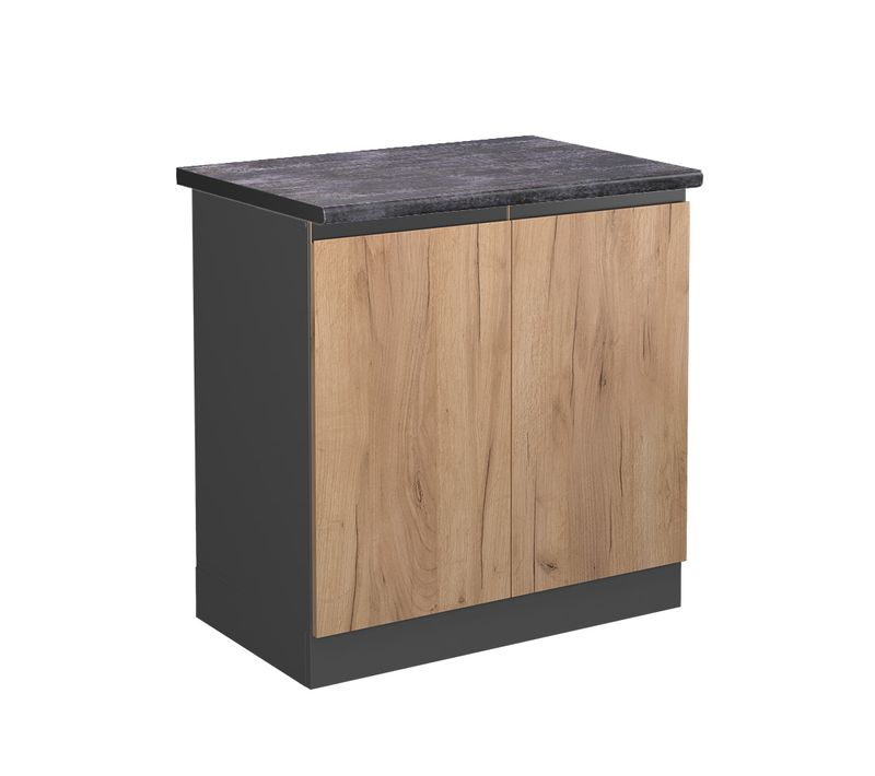 Meuble Bas Sous-évier R-line 46253 Chêne De Force Doré 80cm  J-shape, Pt Anthracite