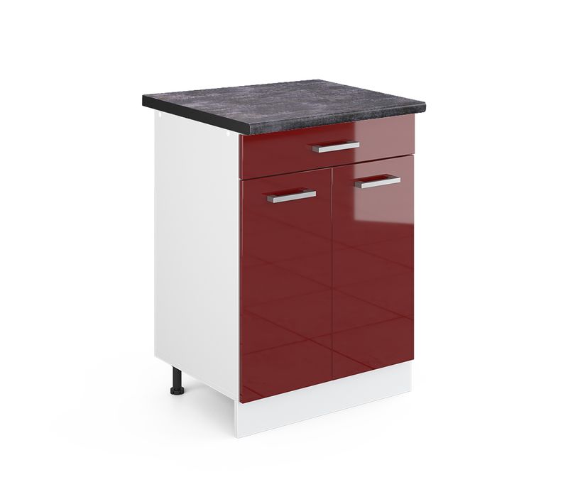 Meuble Cuisine R-line 46263 Rouge Brillant 60cm Avec Tiroir, Pt Anthracite
