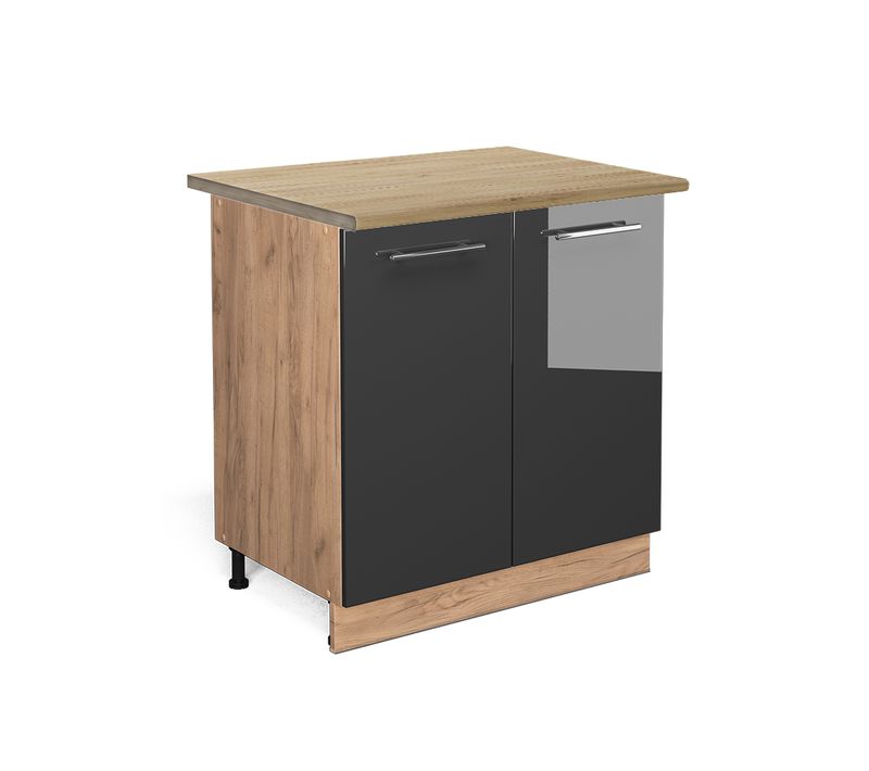 Meuble Bas De Cuisine Fame-line 46639 Anthracite Haute Brillance 80cm Avec Étagère, Pt Chêne