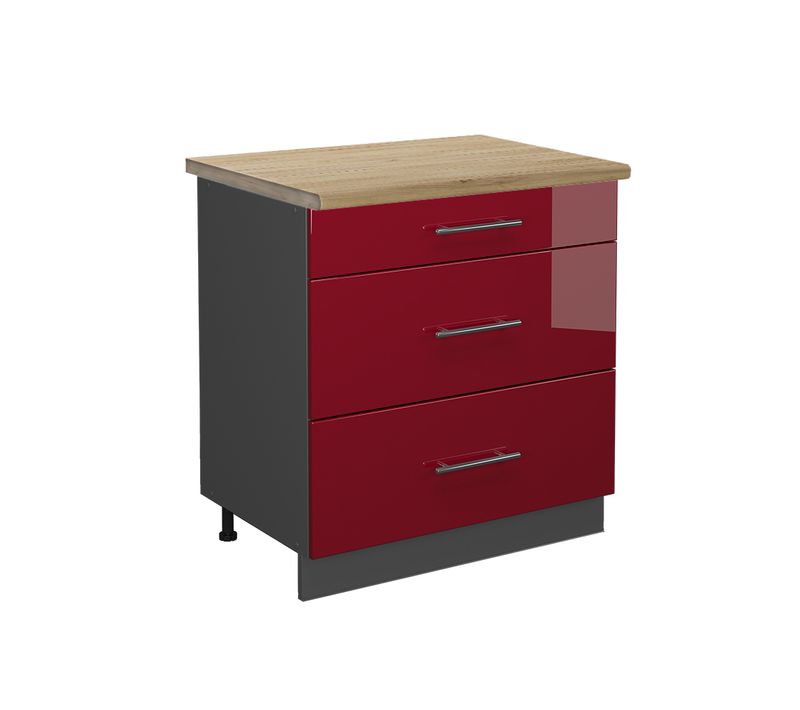 Meuble Cuisine Fame-line 46660 Rouge Bordeaux Haute Brillance 80cm Avec 3 Tiroirs, Pt Chêne