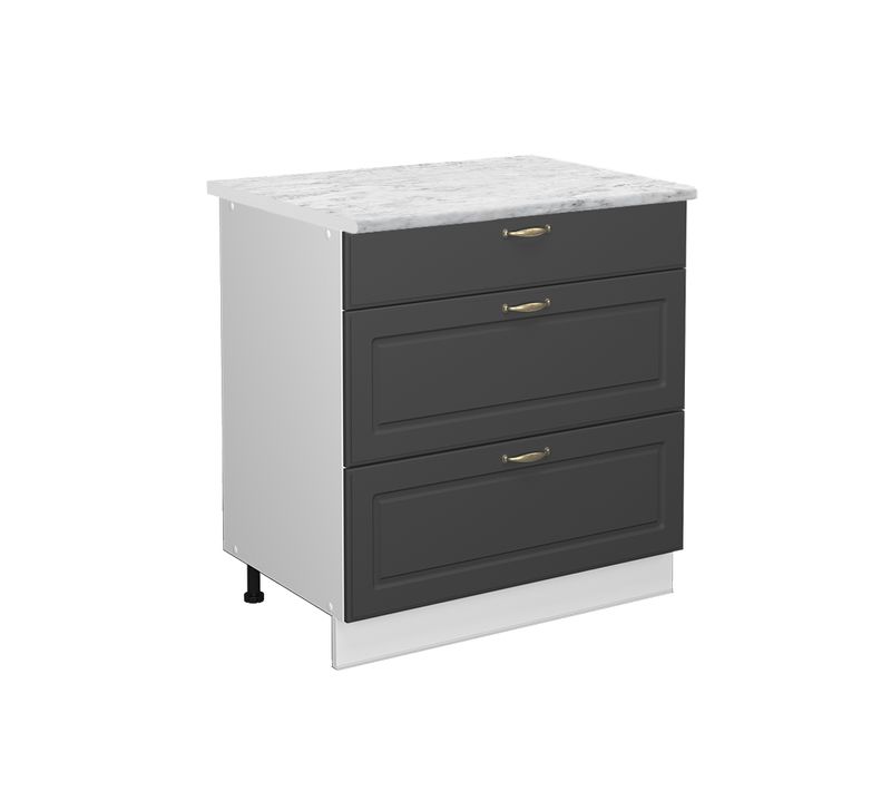 Meuble Cuisine Fame-line 46735 Anthracite-or 80cm Avec 3 Tiroirs, Pt Marbre