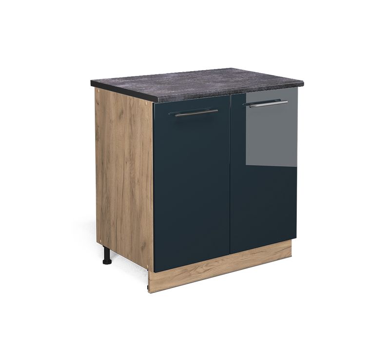 Meuble Bas De Cuisine Fame-line 48849 Bleu Foncé Brillant 80cm Avec Étagère, Pt Anthracite