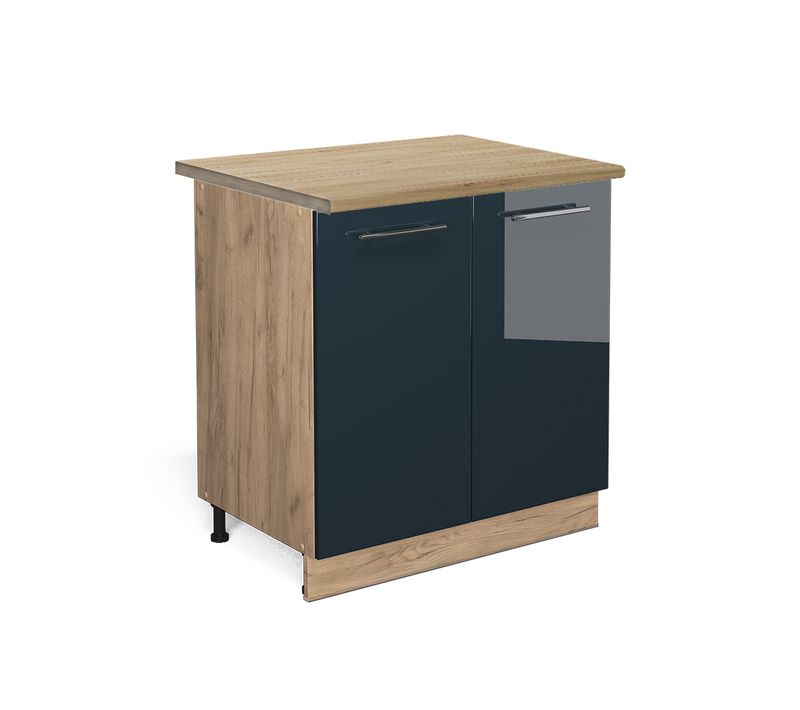 Meuble Bas De Cuisine Fame-line 48850 Bleu Foncé Brillant 80cm Avec Étagère, Pt Chêne