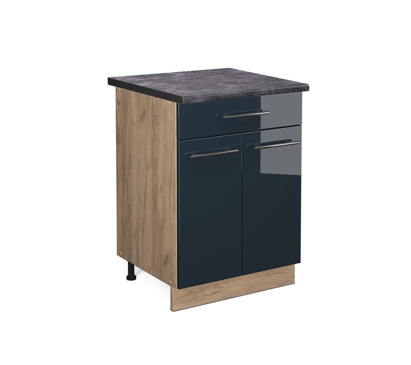 Meuble Cuisine Fame-line 48853 Bleu Foncé Brillant 60cm Avec Tiroir, Pt Anthracite