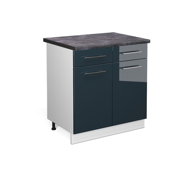 Meuble Cuisine Fame-line 49698 Bleu Foncé Brillant 80cm , Pt Anthracite