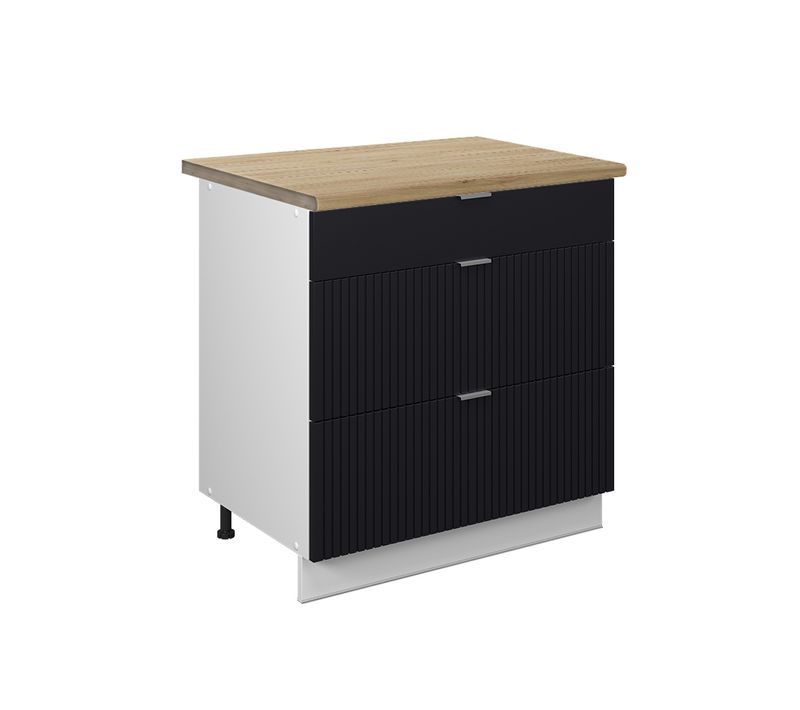 Meuble Cuisine Fame-line 50870 Noir Rayé 80cm Avec 3 Tiroirs, Pt Chêne