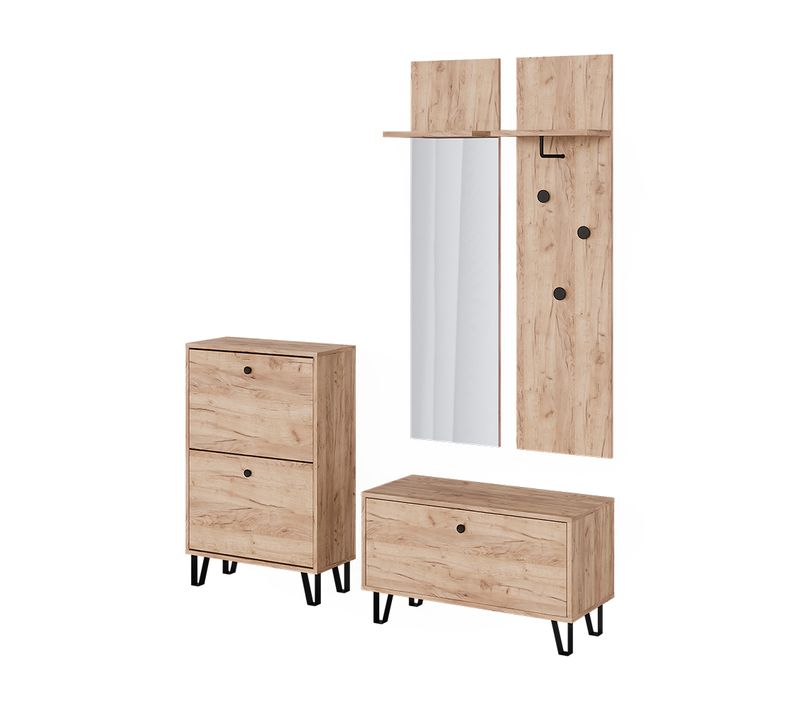 Ensemble Armoires Siri 52061 Chêne Doré Avec Portemanteaux Muraux, Banc Et Meuble à Chaussures