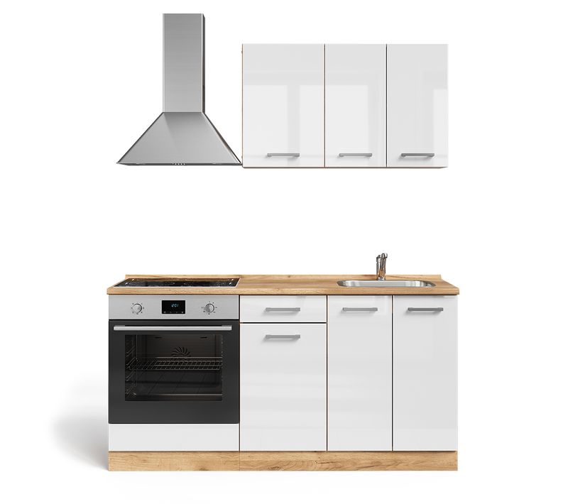 Cuisine R-line 56469 Blanc Brillant/chêne Doré 160cm Avec Meuble Four Encastrable Sans Pt