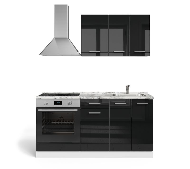 Cuisine R-line 56470 Noir Brillant/blanc 160cm Avec Meuble Four Encastrable Sans Pt