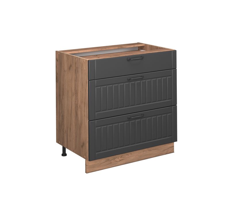 Meuble Cuisine Fame-line 57235 Gris Foncé 80cm Avec 3 Tiroirs, Pt Chêne