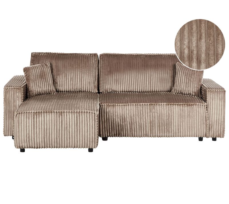 Canapé-lit D'angle 3 Places Abacka Velours Côtelé Marron Clair Avec Rangement Côté Droit