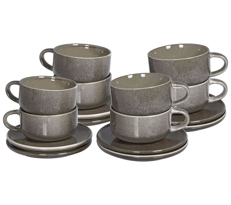 Lot De 8 Tasses Avec Soucoupes Costmary Grès Gris