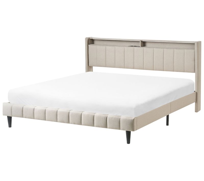 Lit Avec LED Tissu Beaulieu 180 X 200 Cm Avec Rangement Avec Port USB Beige
