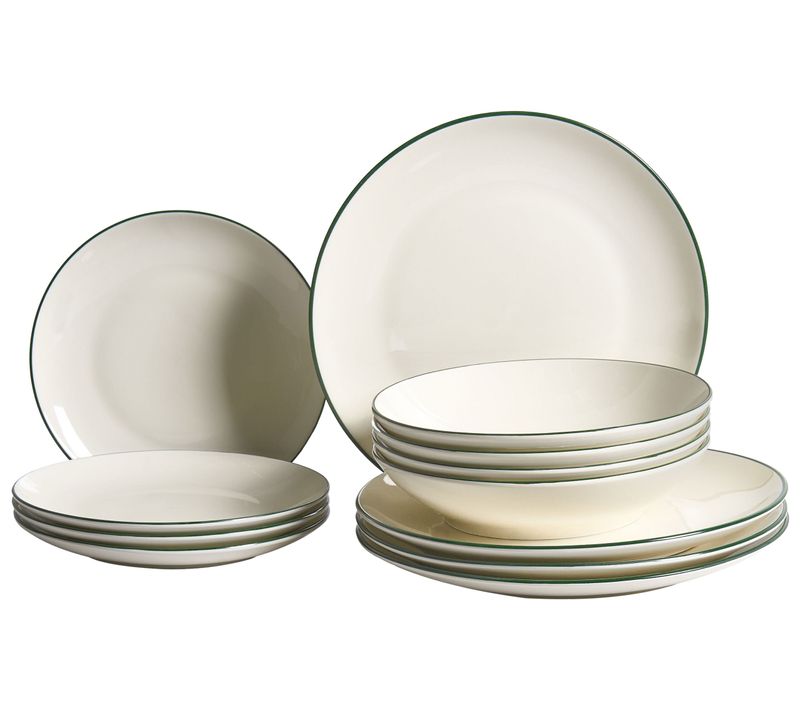 Set De 12 Couverts De Table Cumin Porcelaine Blanc Cassé/vert