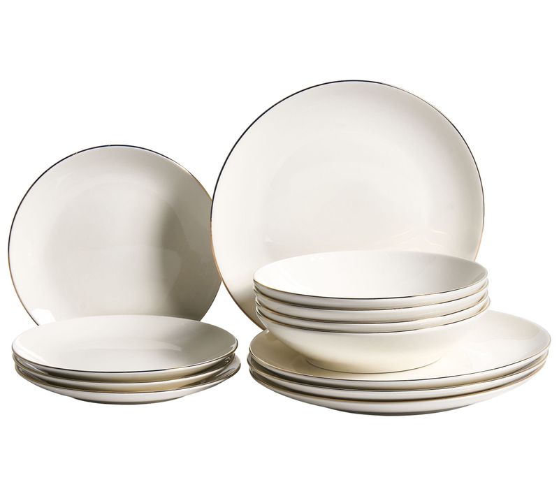 Set De 12 Couverts De Table Cumin Porcelaine Blanc Cassé/doré