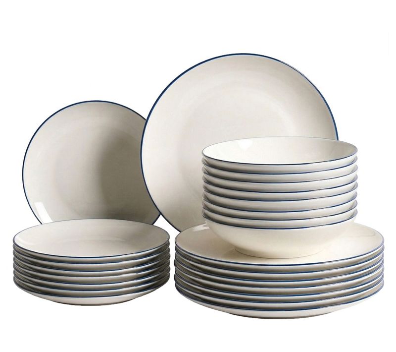Set De 24 Couverts De Table Cumin Porcelaine Blanc Cassé/bleu