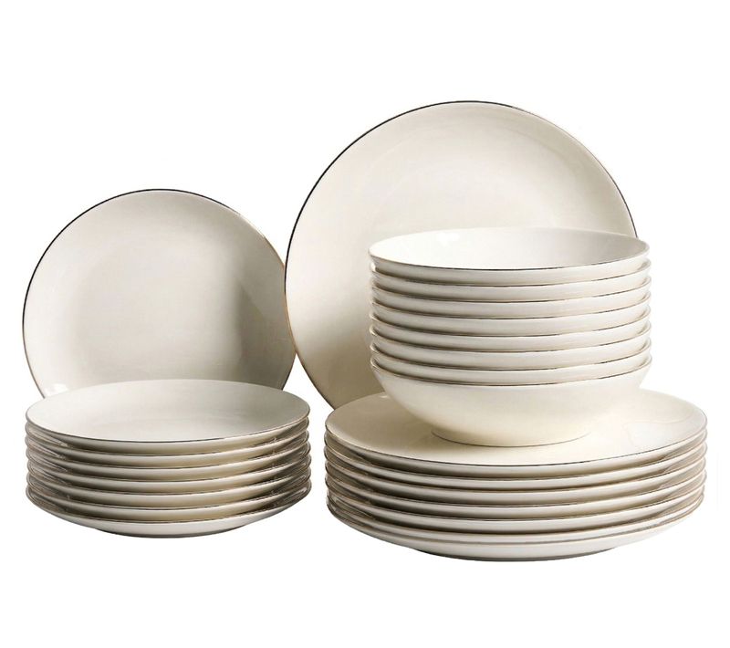 Set De 24 Couverts De Table Cumin Porcelaine Blanc Cassé/doré
