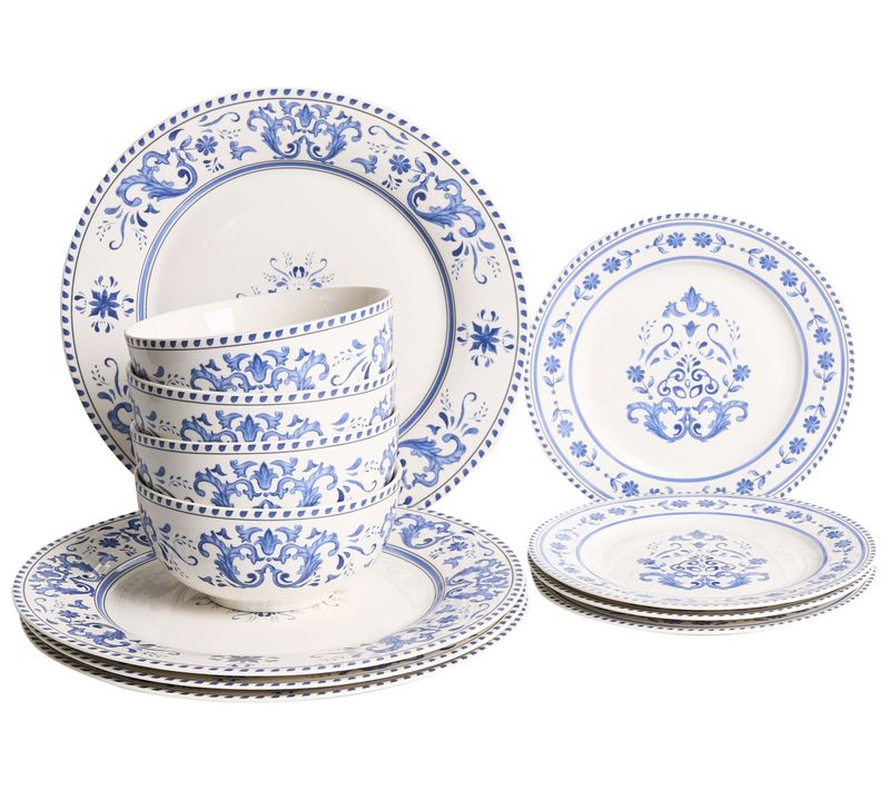 Set De 12 Couverts De Table Galangal Porcelaine Blanc/bleu