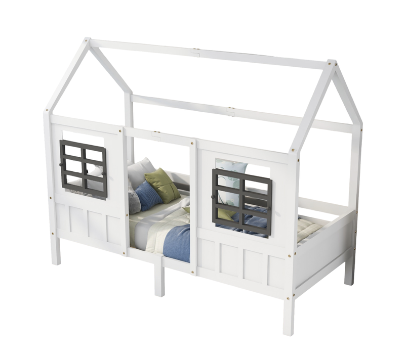 Lit Cabane 90x200 Cm Lit Enfant Avec 2 Tiroirs à Roulettes, 2 Fenêtres, En Bois Et Mdf, Blanc
