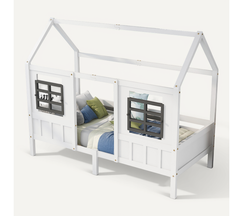 Lit cabane enfant 90x200cm Avec Deux Fenêtres, Cadre En Pin, Blanc