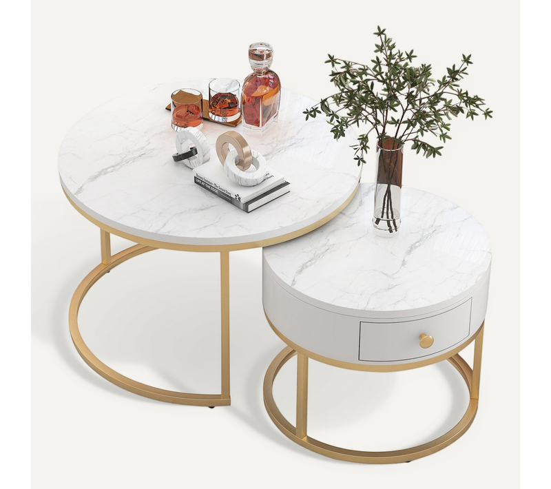 Ensemble 2 De Tables Basses Rondes Avec 1 Tiroir, Motif De Marbre, En Mdf, Blanche Et Or