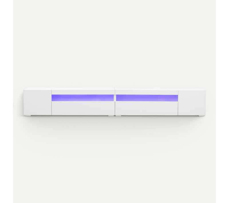 Meuble TV 240x38.5x35.5 cm Blanc, 4 portes, LED Multicolore, MDF