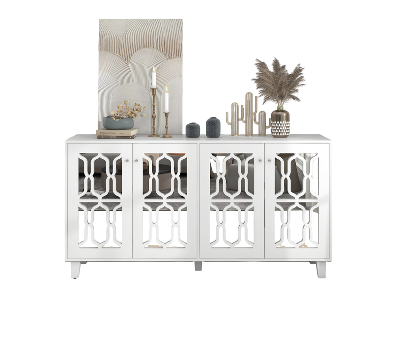 Buffet 160 X 40 X 84 Cm, 4 Portes, Poignées En Cristal, Finition Miroir Blanc