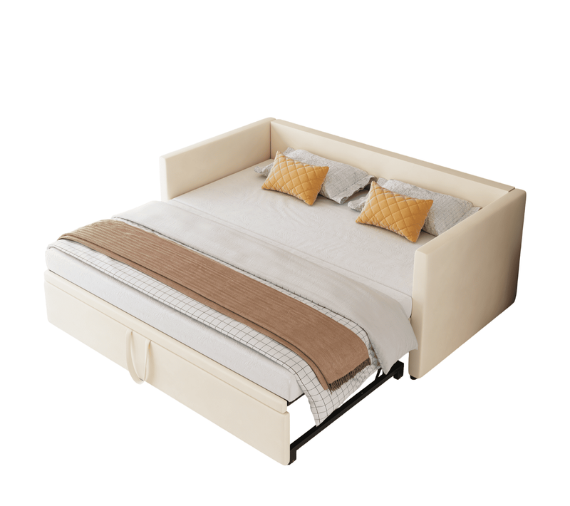 Lit Gigogne 90x200cm Avec LED, Lit Enfant Extensible 90x190 Cm, Sommier, En Velours, Beige